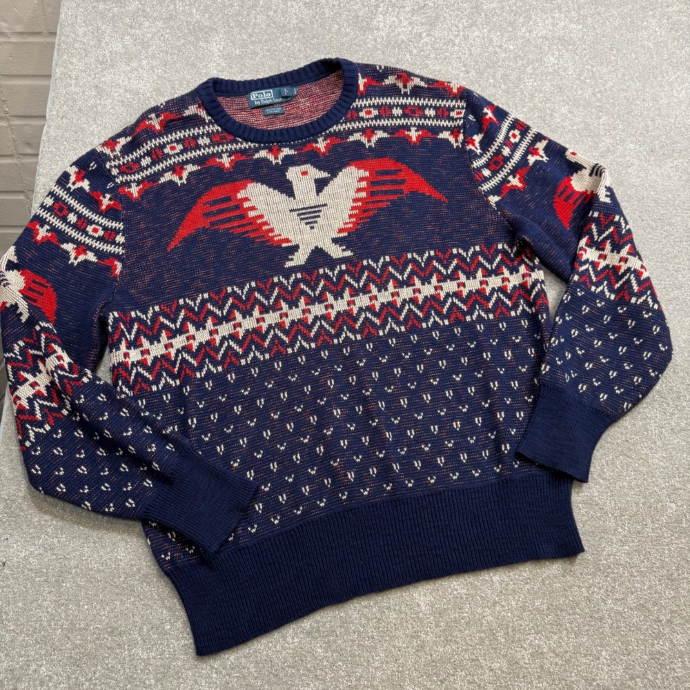 Polo Ralph Lauren Thunderbird Eagle Sweater XXL‎ Navy Cotton Linen Southwestern